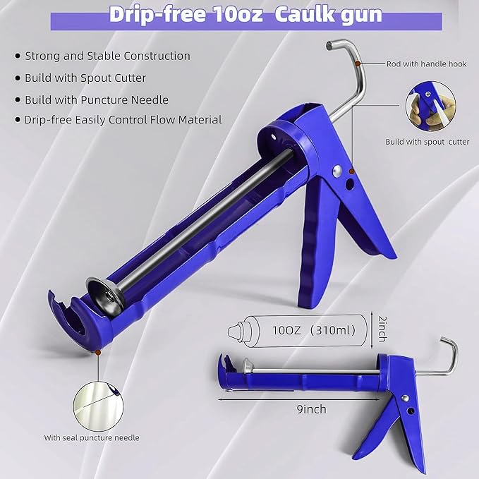Caulk Gun Kit and grouting removal scraper, sealant tool, cement slurry scraper for kitchen and bathroom sink joints, 10 ounce deep blue tube