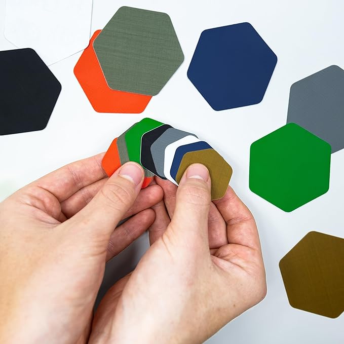 GEAR AID Tenacious Tape Hex – 2.5” & 1.5” Repair Patches (8 Patches: Four 2.5” & Four 1.5”, Clear/Black) – Peel-and-Stick Outdoor Nylon Fabric Patches for Down Jackets, Rain Gear & Tents