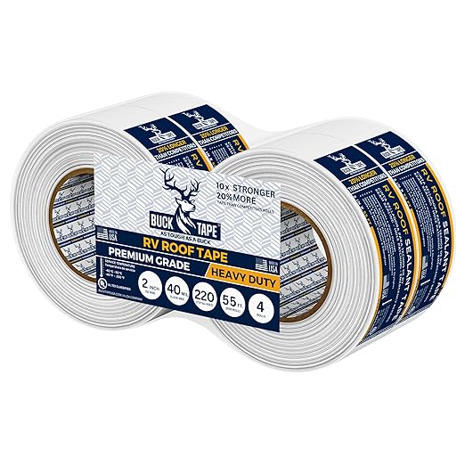 4 Pack Buck RV Roof Sealant Tape – 2 Inch x 55ft, 40 Mil – Waterproof RV Tape for Roof Repair, Seams, Skylights, Vents & Window Leaks on Camper, Trailer & Boat, UV Resistant & Weatherproof, White