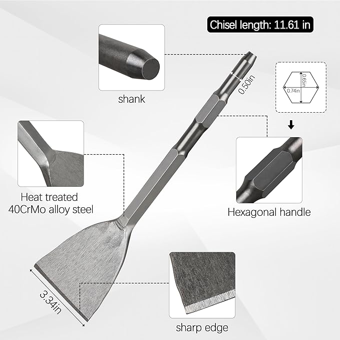 3-Inch Plus Tile Removal Chisel, 1 Pcs Wide Cranked Angled Bent Chisel - Heavy Duty Demolition Tool for Tile, Flooring & Masonry Removal 1 Pcs