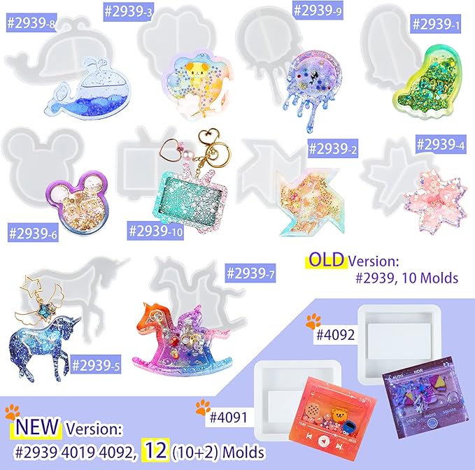Epoxy Resin Shaker Silicone Molds Set Mouse Head, Flower, Footprint, Dolphin, Windmill, Unicorn, Bear's Paw, TV, Rocking Horse, Drippy Circle, Media Players 12-Count