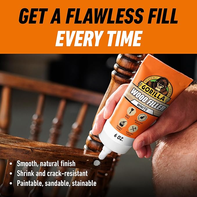 Gorilla All Purpose Wood Filler, White, Wood Filler, 6 Ounce Tube (Pack of 1) - Water Resistant for Indoor or Outdoor Projects and Repairs