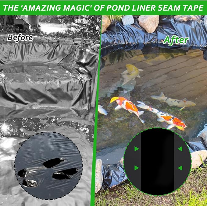 60”x 8” Pond Liner Seam Tape Single Sided PVC Waterproof Adhesive Tape for EPDM Liners Waterproof Pond Repair Kit Thickened Peel and Stick Seam Tape for Outdoor Roof Garden Cover Patch Repair