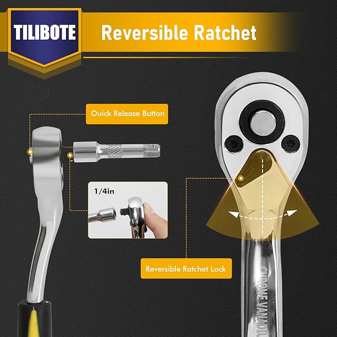 TILIBOTE Socket Wrench Set, 62PCS 1/4" Ratcheting Wrench Set With 72 Tooth count Ratchet, SAE & Metric From 5/32" - 9/16 ", 4mm - 14mm,tool Set For home And car,motorcycle,bike Repair