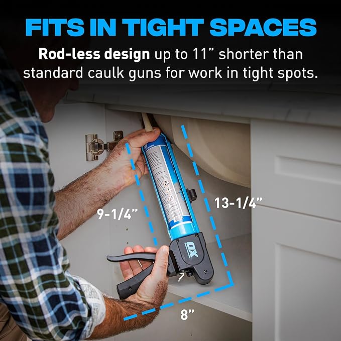 OX Pro Compact Caulk Gun - 10 oz Rodless Manual Caulking Gun Tool - 7:1 Thrust Ratio Designed for Tight Spaces, Includes Belt Clip - Pistola De Silicona