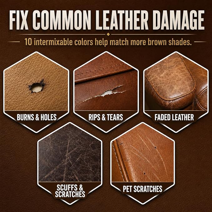 Leather & Vinyl Repair Kit for Furniture, Couch, Sofa, Chair, Car Seat | 10 Brown Shades, No Skills Needed, for Cat Scratch, Crack, Tear, Hole on Faux Upholstery, Recliner, Purse, Shoes, Jacket, RV