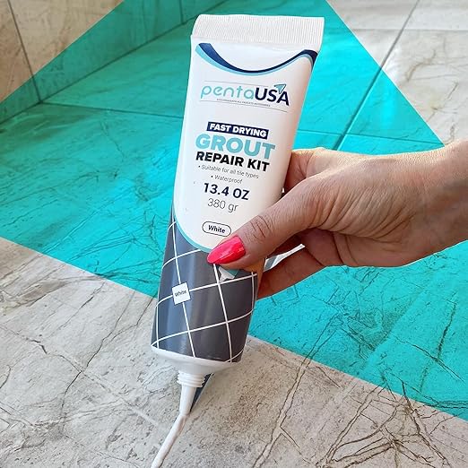 PentaUSA Tile Grout Repair Kit - White Premixed Acrylic Sanded Grout, Water-Resistant Grout Filler for Bathroom&Shower, Kitchen Floor, Fast Drying, with Applicator, 13.4 oz (380g)