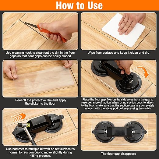 Floor Gap Fixer Tool, Heavy Duty Suction Cup with 45° Double Sided Striking Surface, Floor Repair Tool with Sticky Pads & Hammer for Wood, Vinyl, Laminate Planks Fixing
