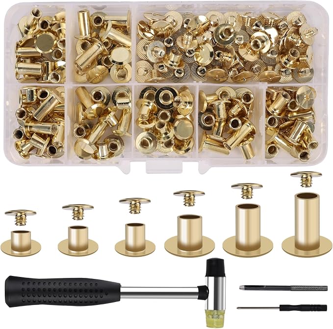110 Sets Chicago Screws Leather Rivets Kit, 6 Sizes (M5*4/5/6/8/10/12mm) Leather Binding Screws with Rubber Hammer for Leather Craft, Belt, DIY Repair & Bookbinding (Gold)