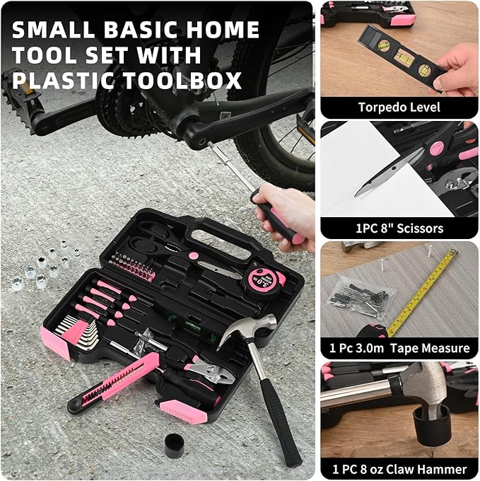 144-Piece Pink Tool Kit Basic Home Repair Tool Set General Household Hand Tool Kit Small Tool Kit with Plastic Toolbox basic home tool kit for Women, Office & College Repairs