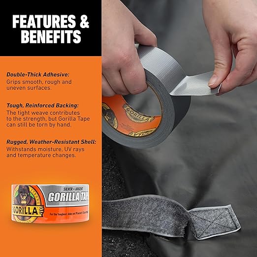 Gorilla Tape,1.88 in x 10 yd,Silver - Duct,Utility,Triple Layer Strength,Indoor & Outdoor,Weather Resistant Shell,(Pack of 6)