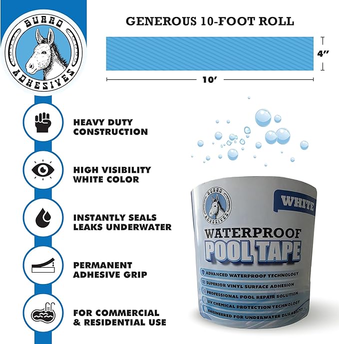 Burro Adhesives Waterproof White Pool Tape 4" x 10' - Heavy Duty PVC Vinyl Pool Repair for Underwater & Dry Applications, Commercial & Residential Pools, Instantly Seals Leaks