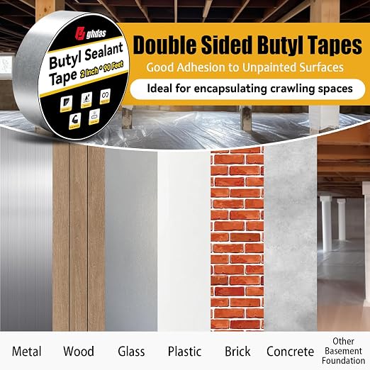 Bghdas - 1 Pack Butyl Sealant Tape 2" X 90' - Double Sided - Black Vapor Barrier Butyl Tape for Wall of Crawl Space, Rv Windows, Deck Boat, Crawlspace (Waterproof, Weatherproof)