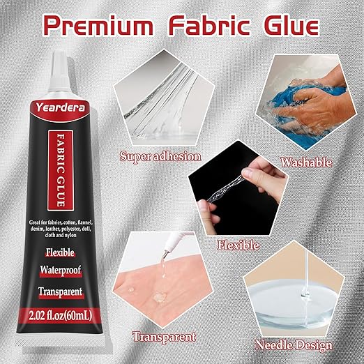 Yeardera Fabric Glue, Permanent, Clear, Washable Adhesive for Clothing, Patches, Leather, Cotton, Denim, Polyester, Flannel, and All Fabrics