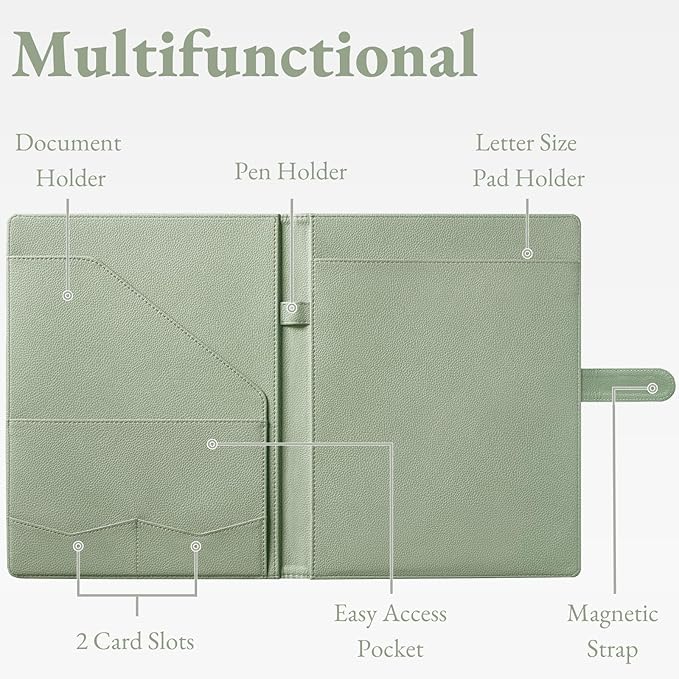 Mymazn Padfolio, Portfolio Folder, Legal Pad Holder, Resume Folder | Faux Leather Binder with Document Organizer, Business Card Holder, Letter-Size Notepad for Interview, Men & Women, Sage Green
