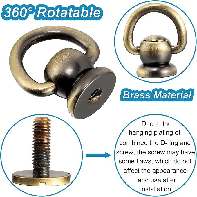 Notgia 4Pcs D Rings for Purse Brass Rivets for Leather Rotatable Purse Strap Hardware Ball Button Studs for Handbag D Rings Chicago Screws for Repair Purse Dog Collar Leather Crafts (Brushed Bronze)