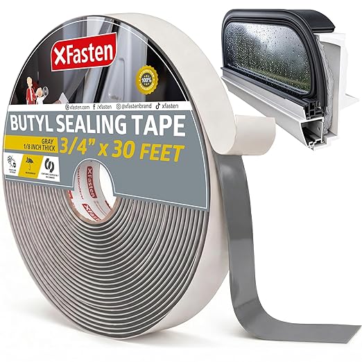 XFasten Butyl Sealing Tape, Gray, 1/8-In x 3/4-In x 30-Foot, Plumbers Putty, RV Sealant, Rubber for Boat Sealing, EDPM