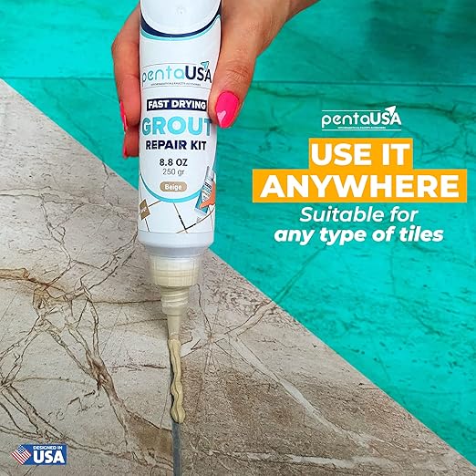 PentaUSA Warm Beige Tile Grout Repair Kit - Premixed Sanded Grout for Bathroom Shower Kitchen Floor, Beige Collection, Water-Resistant Filler Tube with Applicator, Easy DIY Restore (8.8oz / 250g)