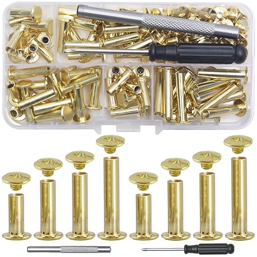 YORANYO 70Sets Chicago Screws Leather Rivets Assorted Screw Rivets Chicago Binding Screws for Decorate and Repair Leather Craft Belt Bag Shoes Purse Bookbinding (Gold, M5*15,18,20,25)