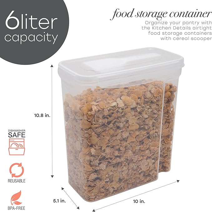 Kitchen Details Cereal Container with Scooper | Medium | Airtight | Food Tin | Keeps Fresh | Kitchen & Pantry Storage Organizers | Clear (Pack of 2)