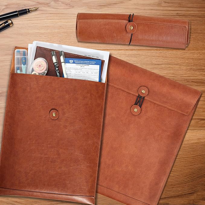Blue PU Leather File Folder for Documents,Important Document Folder with String Tie,Laptop Sleeve Notebook Case,Leather File Organizer,A4 Envelopes Filing Folder