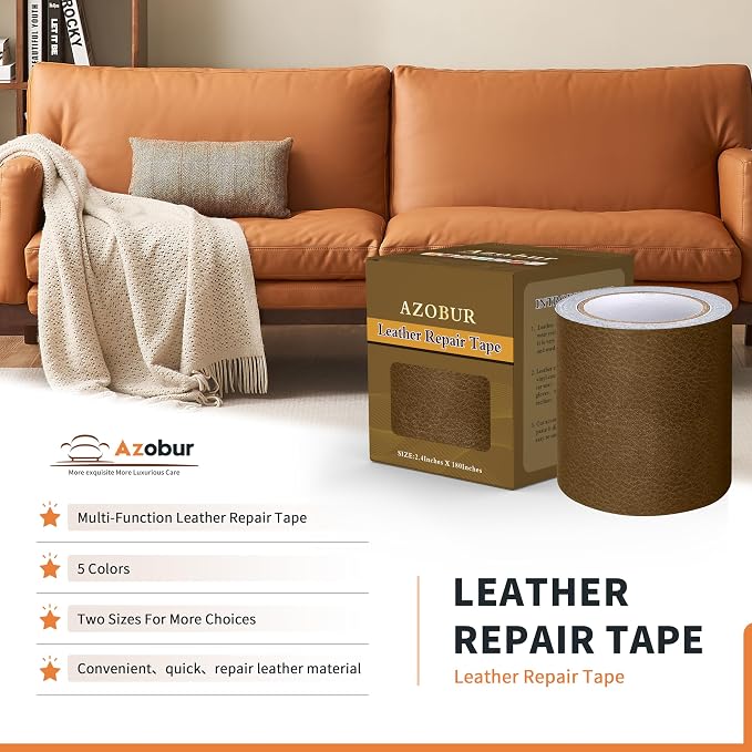 Azbour Leather Repair Tape Patch,2.4''x15' Super Adhesive,Self-Adhesive Leather Patch for Restoration and Refurbishment of Sofas,Car Seats,Furniture,Vinyl Furniture, Chairs.（Yellowish-Brown）