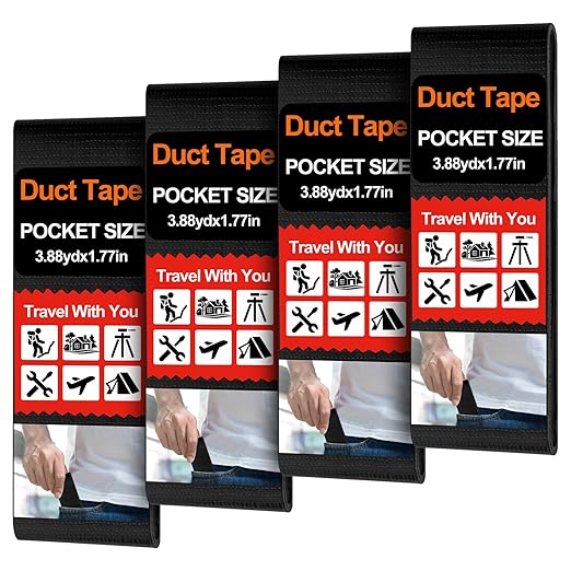 4 Pack 1.77 in x 10 ft Travel Duct Tape Mini Pocket Size Flat Roll Flexible Heavy Duty Waterproof Tear by Hand for Repair Outdoor Emergency Gear EDC DIY Craft Camping Hiking (Black)