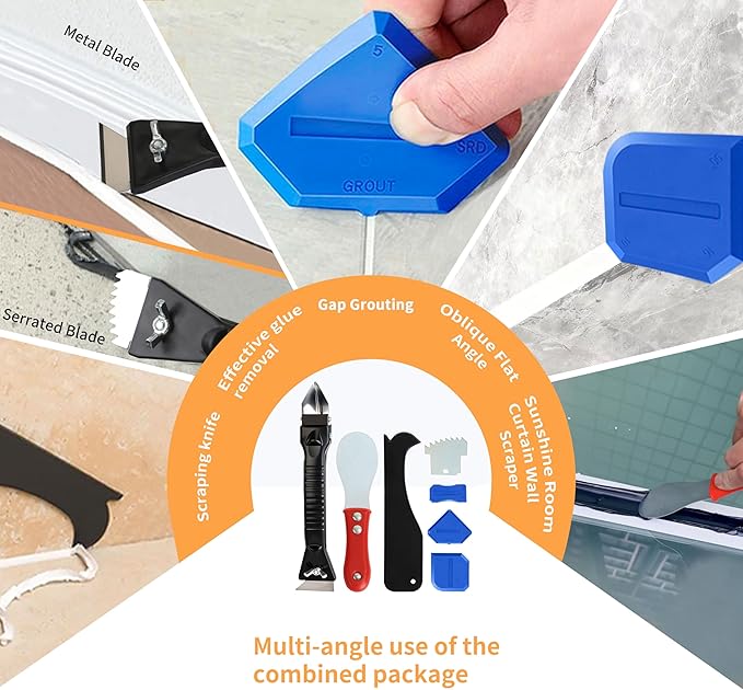Caulking Tool, Caulk Remover Tool, Putty Knife Scraper, 3 Glass Glue Corner Scrapers, Grout Removal Tool with Stainless Steel Head for Kitchen Bathroom and Window