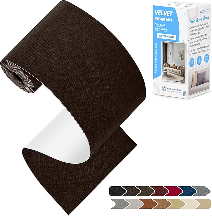 KING MOUNTAIN Couch Fabric Repair Patch, Fabric Patches for Furniture, 4" x 63" Waterproof Velvet Repair Tape for Sofas, Car Seats, Furniture, Upholstery Fabrics and Velvet Goods. （Dark Brown）
