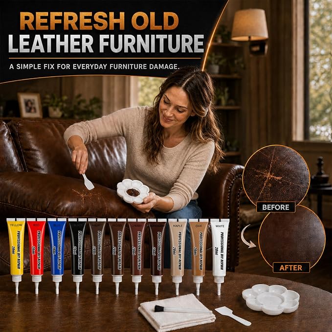 Leather Repair Kit, 10 Colors Vinyl Repair Kit, with Detailed Instructions, Professional Repair Leather Scratch, Tear, Hole, Peeling, Ideal for Car Seats and Furniture, Sofa, Jacket, Shoes, Purse