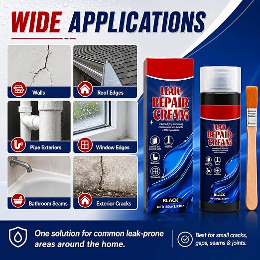 Leak Repair Cream with Brush, Black Waterproof Sealant, Flexible Patch and Sealant for Small Cracks, Gaps, Seams, Roof Edges, Gutters, Pipe Exteriors, Walls, Window Edges, Indoor Outdoor Repair