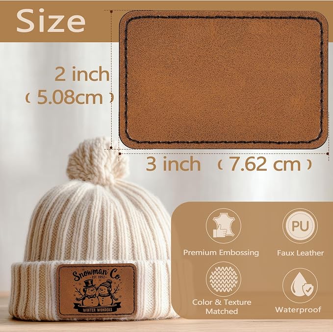 100 Pack Blank Leatherette Patches with Adhesive, Rectangle Laser Engravable Faux Leather Patch for Hats Custom, Fabric Repair Sew, Engraving Materials, Gifts, DIY (Khaki, 3 x 2 in)