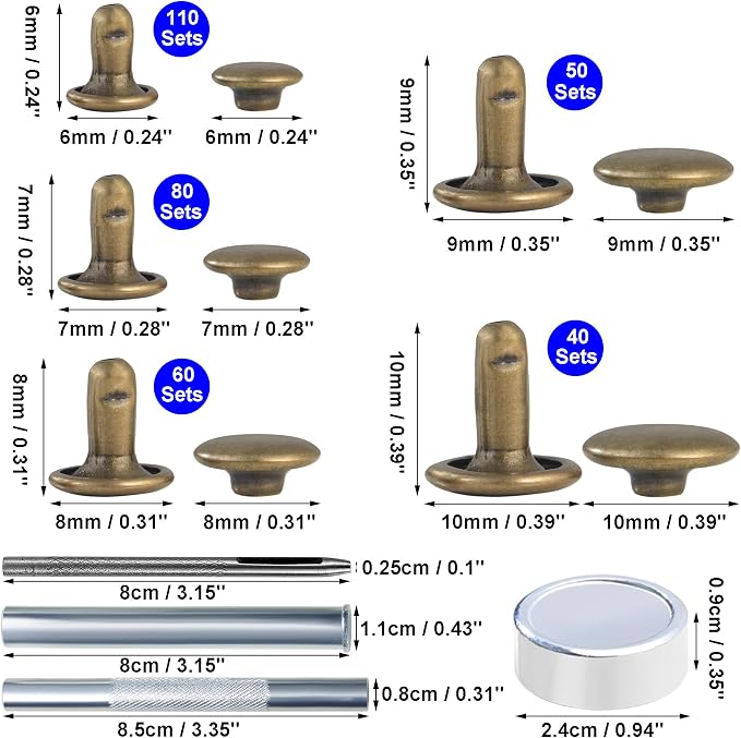 YORANYO 340 Sets Leather Rivets Kit Mixed Sizes Rivets for Leather Double Cap Rivets Studs for Clothing Fabric with Leather Crafting Rivet Tool for Repair Decorate Clothes Shoes Bags Belts (Bronze)
