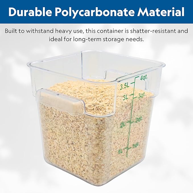 FSE Square Food Container, 4 Quart, Polycarbonate, Reusable, Clear, NSF, (LID SOLD SEPARATELY)