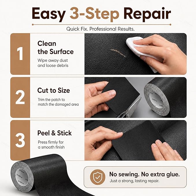 ONine Leather Repair Tape,Self Adhesive Leather Repair Patch,Leather Patches for Furniture,Sofa,Car Seats,Office Chair. Vinyl Repair Kit 3x60in (Black)