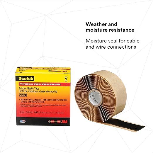 3M Scotch Rubber Mastic Tape 2228, 1 in x 10 ft, Black, Conformable, Self–Fusing, Electrical Insulating, Moisture Sealing, Indoor and Outdoor Applications, 65 mil thick, 1 Roll