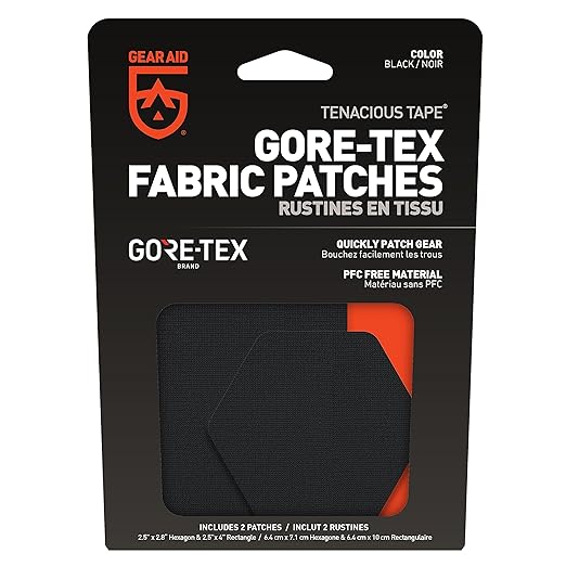 GEAR AID Tenacious Tape Gore-TEX Fabric Patches for Waterproof Jacket & Rain Gear Repair, Black, 2.5” x 2.8” Hex & 2.5” x 4” Rectangle, 4 Patches