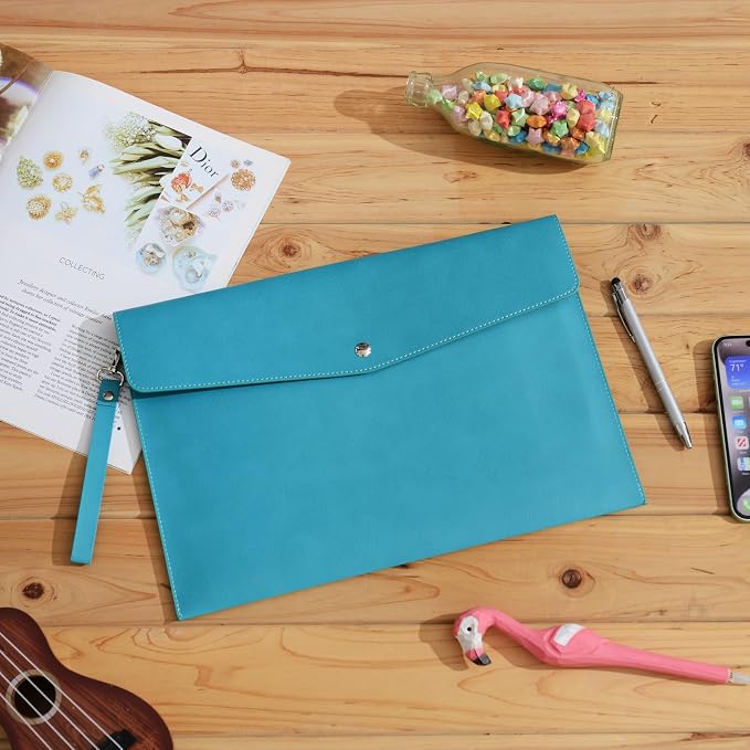 Wonderpool A4 Premium Faux Leather Envelope Documents Multifunction Folders Stationery Bag -Portfolio File for Paper Letter Stationery Organizer and Tablet Case PC Sleeve (Cyan)