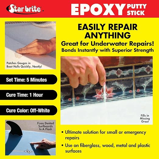 STAR BRITE Epoxy Putty Stick – Quick, Versatile, Permanent Repairs for Boat Hulls, Decks, Pools, Spas, Hot Tubs, and More, Including Use Underwater