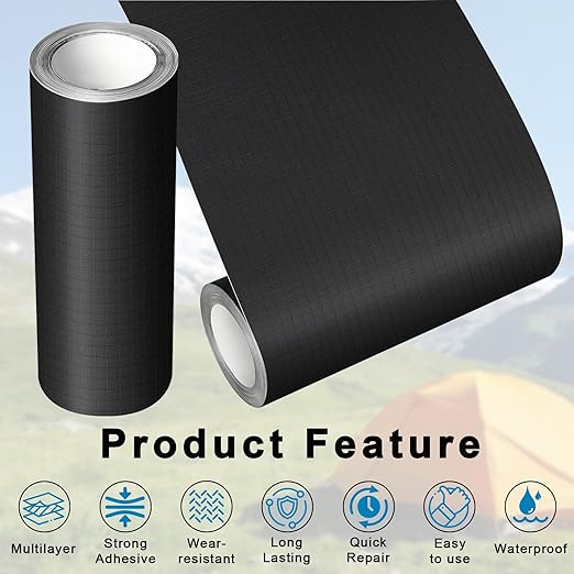 4" x 63" Nylon Patch Repair Kit, Quick Self-Adhesive Waterproof Fabric Patch, Versatile Gear Repair Tape for Down Jackets, Tents, Backpacks, Couch, Sleeping Bags (Black)