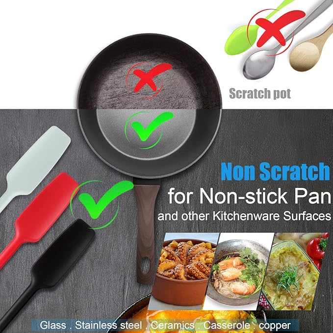 Patelai 3 Pieces Silicone Jar Spatula Long Handle Rubber Spatula Heat Resistant Non-Stick Silicone Scraper Kitchen with Stainless Steel Core for Baking(Red, Black, Light Green)