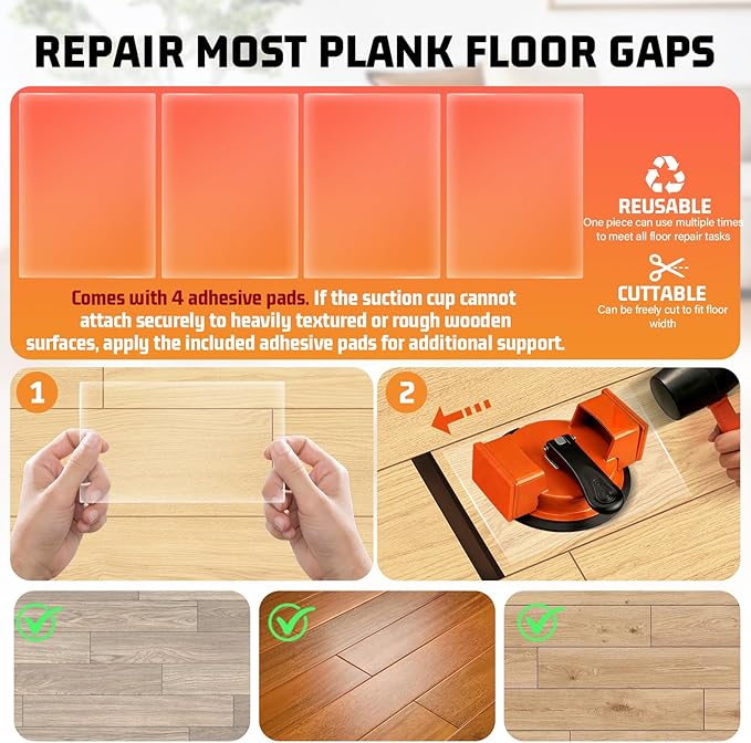 Floor Gap Repair Tool — Heavy Duty Plank Grabber with Enhanced Suction Cup Slot Cutter 4 Sticky Pads, Quick Lock Puller for Laminate Vinyl Engineered Hardwood Floors, Iron-Made Flooring Tools
