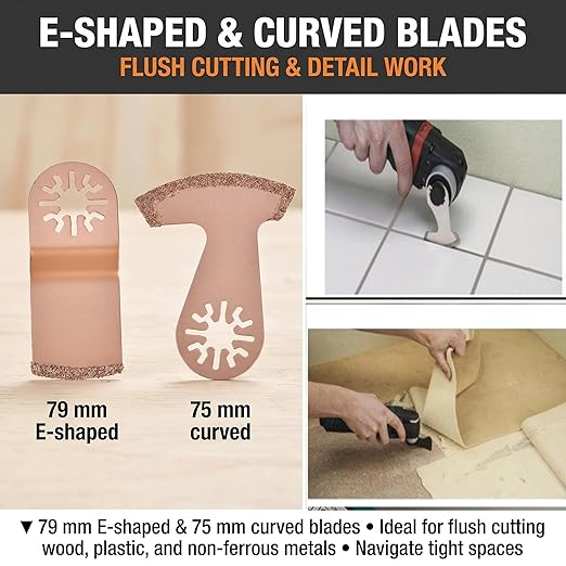 3-Pack Carbide Oscillating Saw Blades Set, Multifunction Tool Blades with Semicircle, E-Shape & Curved Design for Grout Removal, Tile Cutting, Wood and Metal