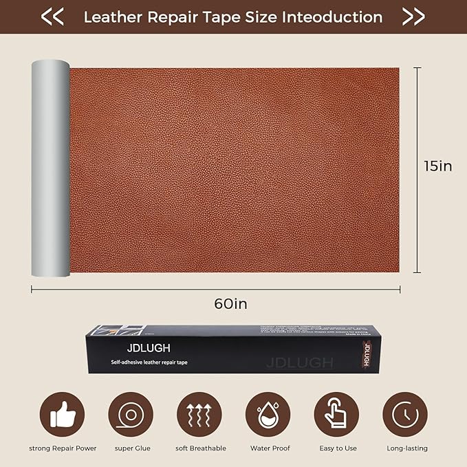 JDLUGH Sofa Leather Repair Patch Tape 15x60 Inch Large Self Adhesive Leather Sofa, Car Seat, Leather Furniture, Vinyl Repair Patch Kit (15x60 Inch, Brown 4.0 / Orange-Brown)