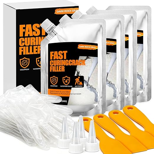 Concrete Crack Filler 4 PACK, Self-Leveling Cement Crack Repair, High Elasticity And Fast Drying, Waterproof Sealant for Driveway, Sidewalk, Patio, Concrete Joint, Indoor and Outdoor Use – Gray (76oz)
