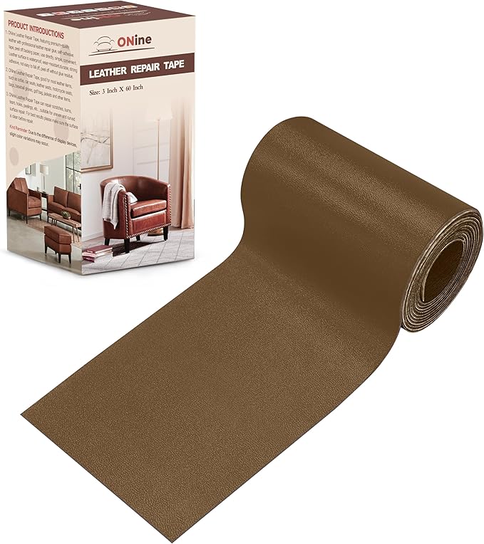 ONine Leather Repair Patch，Leather Repair Tape, 3 x 60 inches Leather Repair Patch for Furniture,Sofas, Office Chair,car Seats,Vinyl Repair Kit(Dark Khaki)