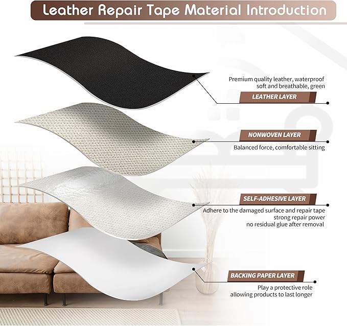 KING MOUNTAIN Leather Repair Patch,2 Packs 9 x 11 Inches self Adhesive Leather Repair Tape for Damaged Leather Furniture, Sofa Seating,Car Seats, Leather Goods（Fine Grained Black）