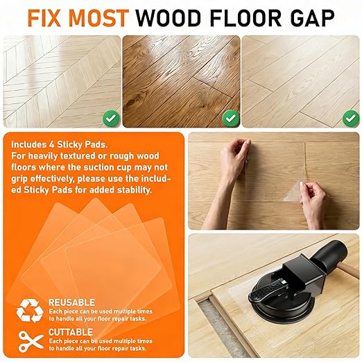 Floor Gap Fixer Tool – Fix Floor Gaps in 2 Steps, 5 Sticky Pads for Textured Floors, 110 lbs Impact Resistance, Professional Plank Puller for Smooth Surface Wood Tile Hardwood Floor Gaps