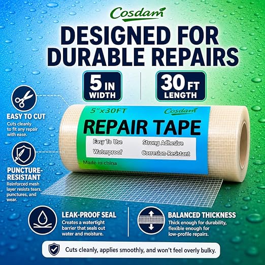 Clear Heavy - Duty Waterproof Vinyl Repair Tape (30ft x 5") for Fabric Boat Covers, Canvas Tents, Pop - Up Campers, RV Awnings, Tarps, Canopies and Sails (Clear)