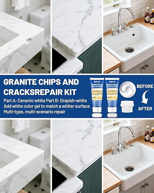Tile, Marble and Granite Repair Kit (Color Match), 160g/5.64oz Quartz Countertop Repair Kit for Holes Dents Defects Chips Scratches Cracks, Fix Porcelain Stone Reattaches Corian Other Hard Surfaces